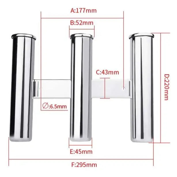 Product image showing stainless steel clamp-on rod holder installation and size options