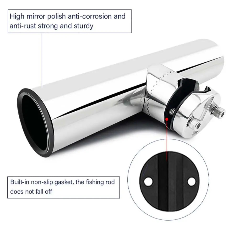 Stainless steel clamp-on fishing rod holder attached to rail mount for marine use