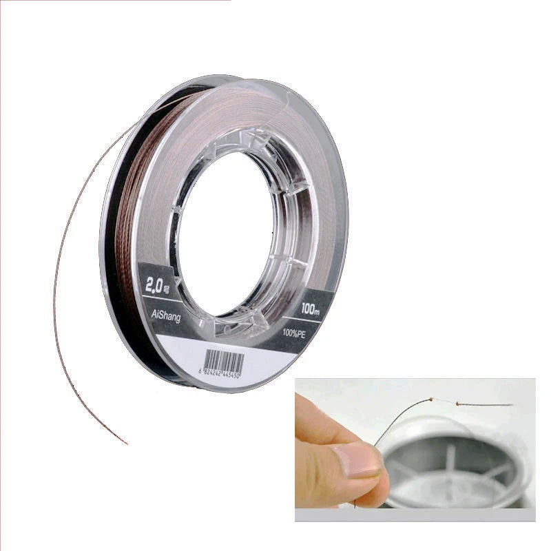 Clear fishing line wound on spool with close-up line detail