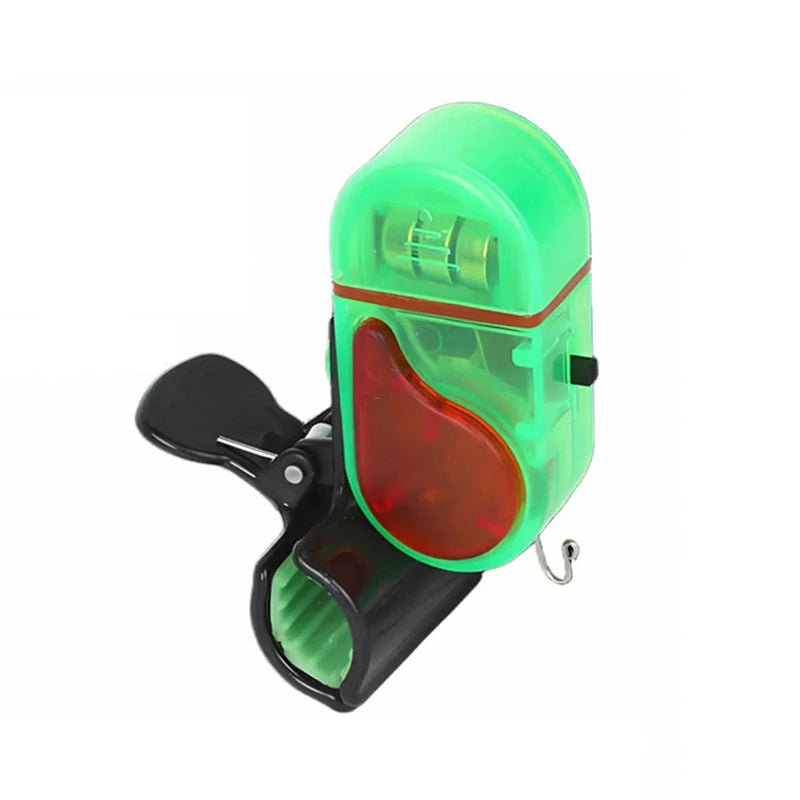 Clip-on fishing bite alarm attached to rod detecting bite movement