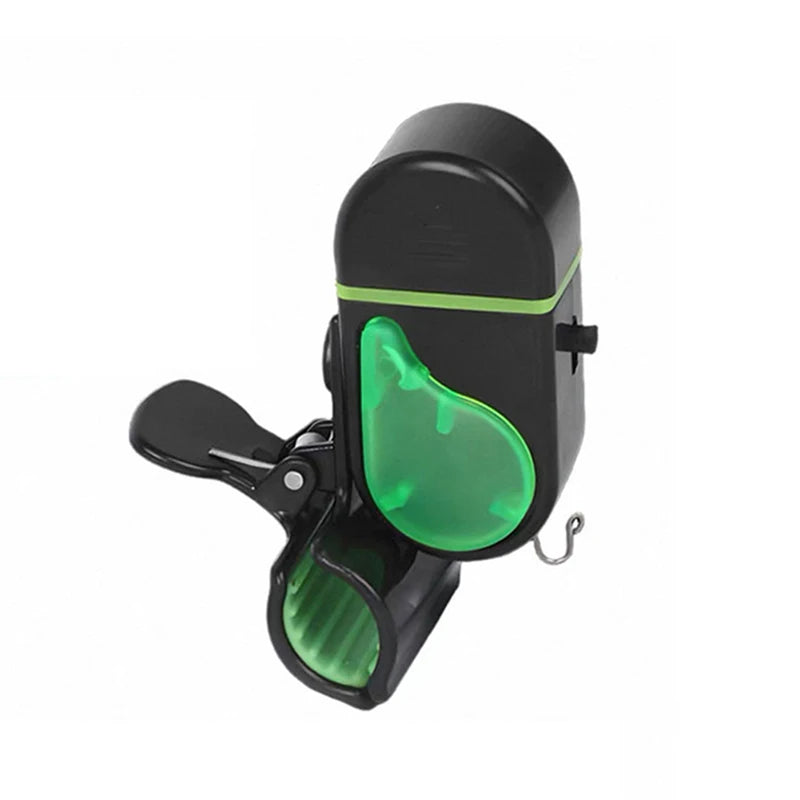 Compact clip-on fishing bite alarm with green LED indicator