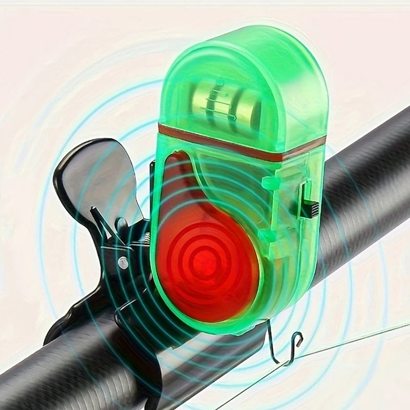 Clip-on LED fishing bite alarm mounted on fishing rod with red alert light