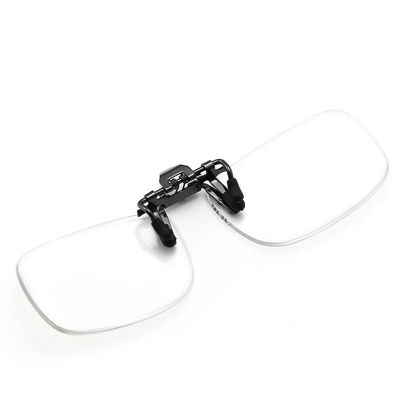 Clip on reading glasses folded showing compact back profile