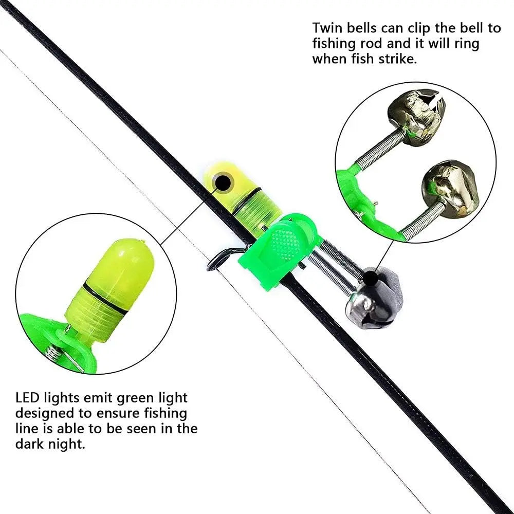 Clip-on fishing rod bell bite alarm with LED indicator