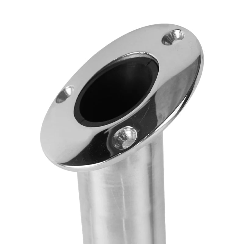 Close-up of stainless steel flush-mount fishing rod holder with polished round rim