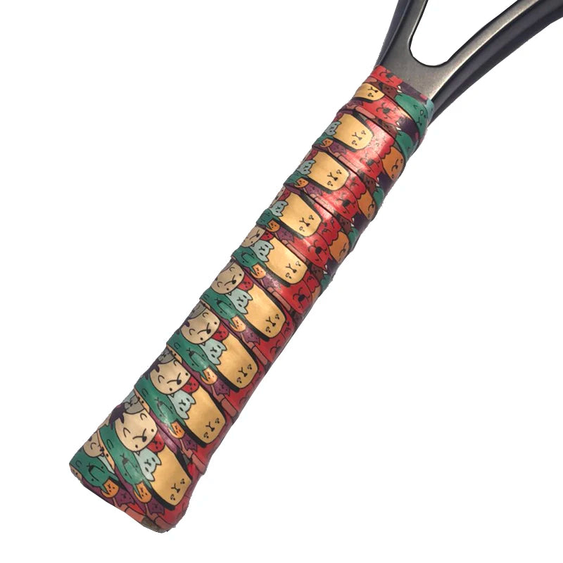 Close-up of vibrant printed grip tape installed on racket handle for anti-slip comfort