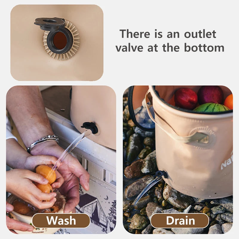 Collapsible bucket showing bottom drain valve