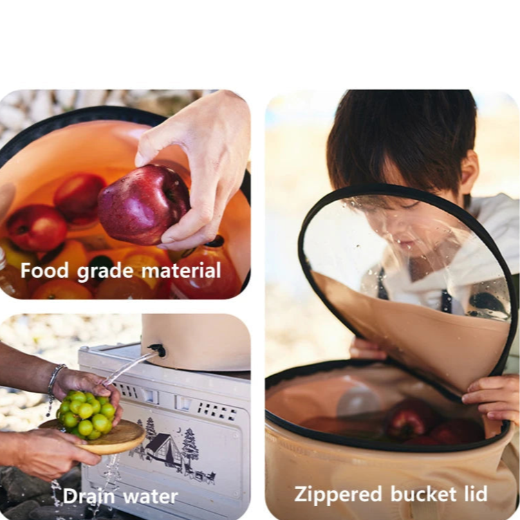 Collapsible bucket used for washing food outdoors