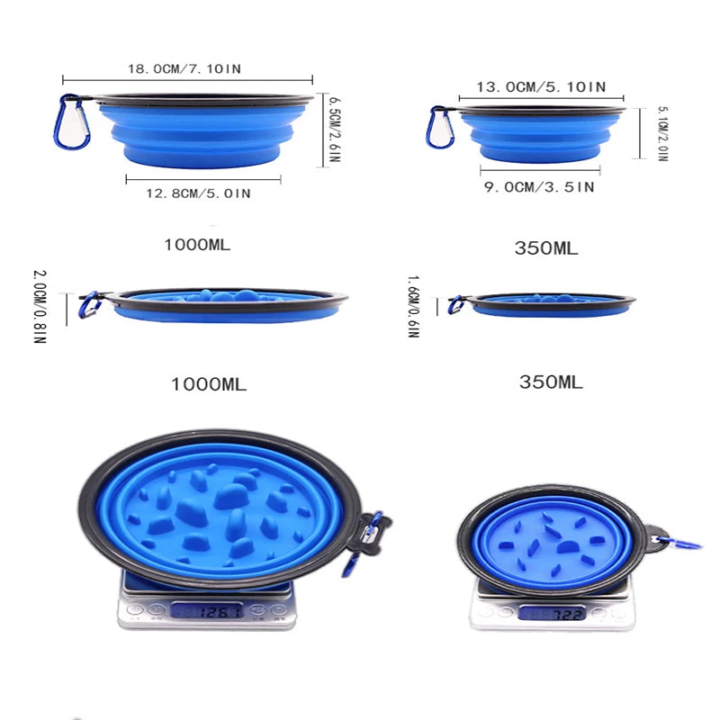 Collapsible dog bowl size guide showing 350ml and 1 litre