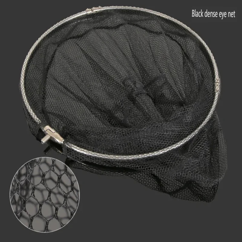 Folded stainless steel landing net ring showing mesh detail inset