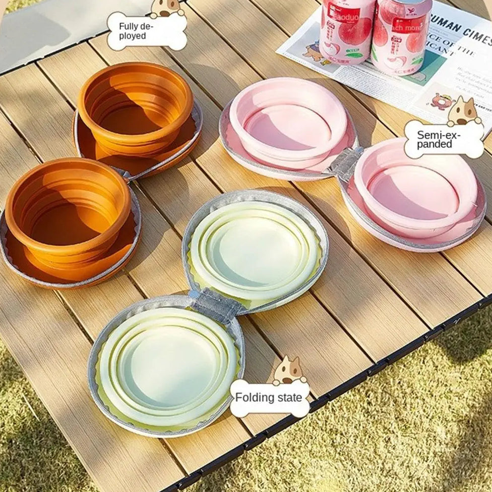 Collapsible pet bowls in multiple colours on table