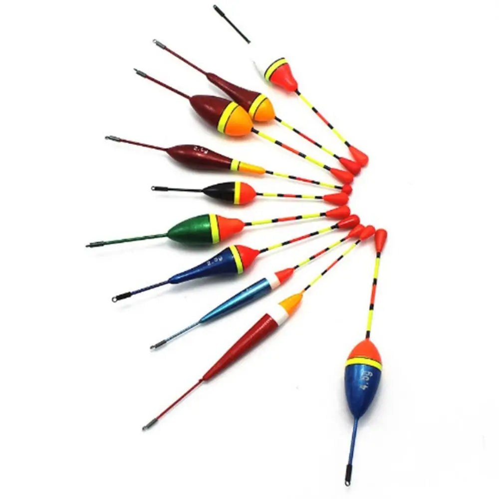 Assorted colourful foam fishing floats in mixed shapes and sizes for river or lake fishing