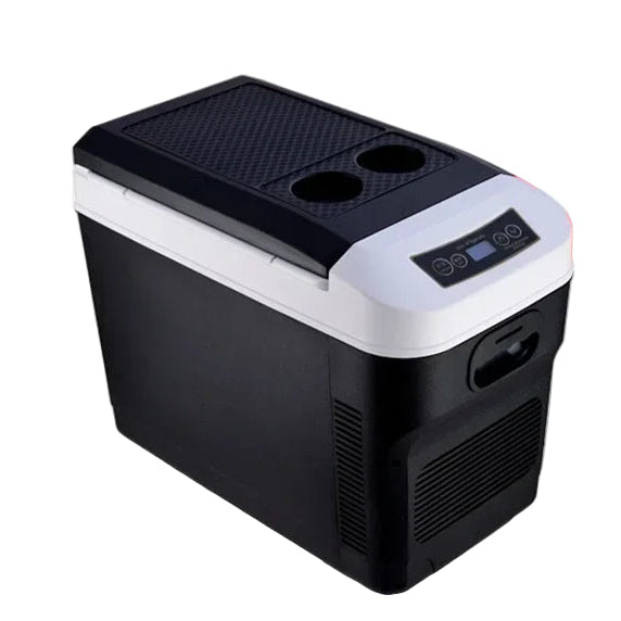 Compact car fridge with LED control display and built-in cupholders on top for convenience
