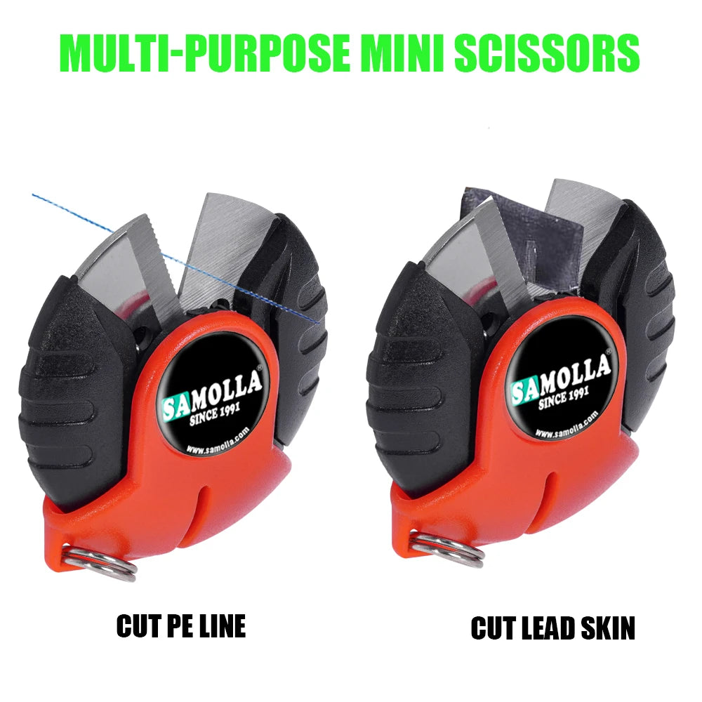 Small compact fishing line scissors tool for tackle adjustments