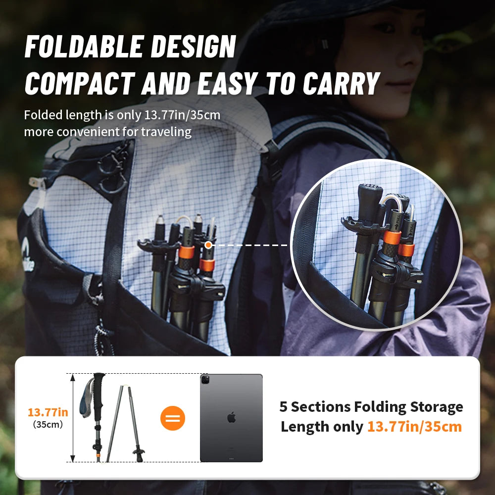 Compact folding hiking poles attached to backpack