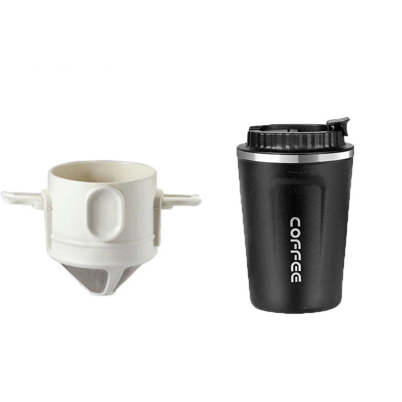 White stainless steel coffee dripper shown beside black travel mug with lid for easy, portable pour-over brewing