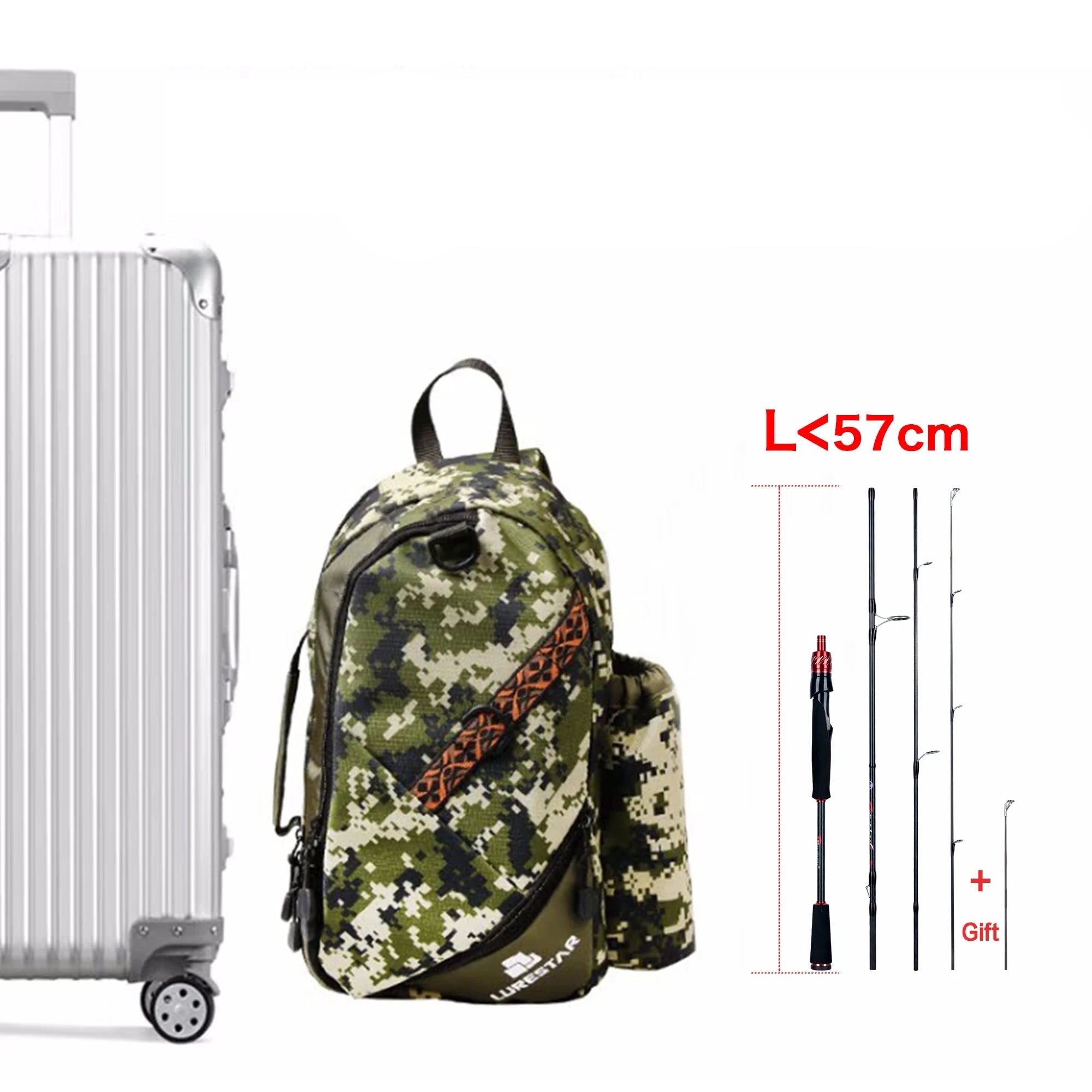 Compact BIUTIFU travel fishing rod with carry bag showing folded 57cm design