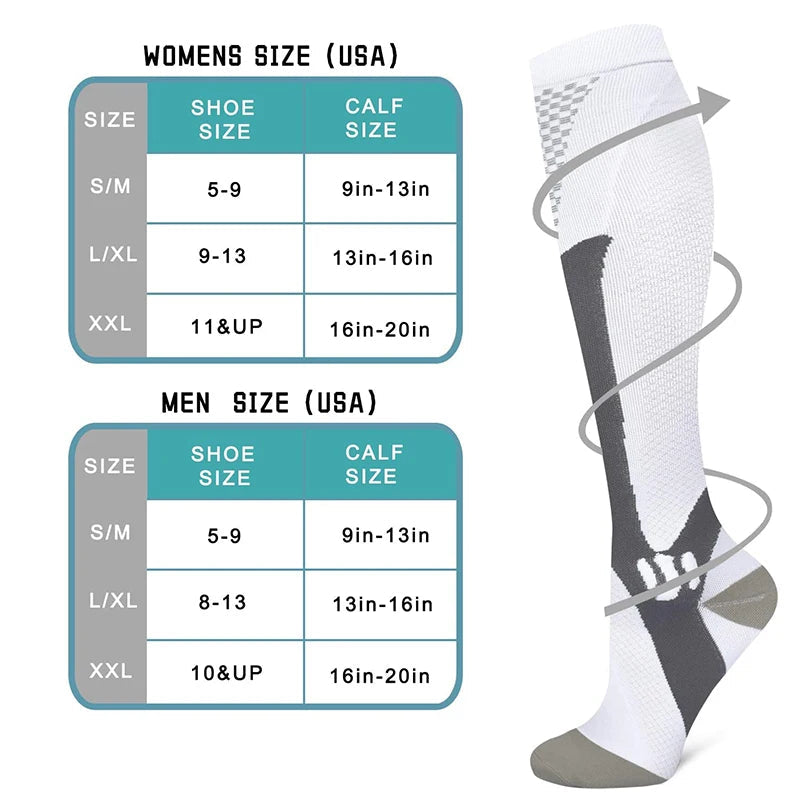 Compression socks size chart for calf and shoe sizing