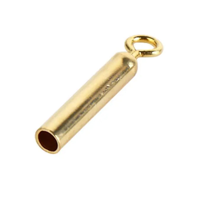 Close-up of brass fishing float connector showing smooth surface and ring end