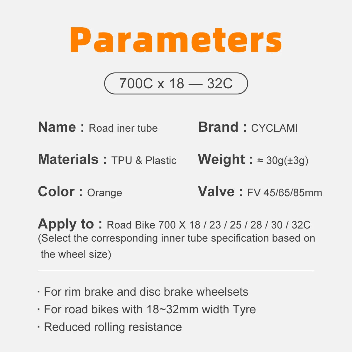 Specification chart for CYCLAMI 700c TPU inner tube showing size, weight, and valve details