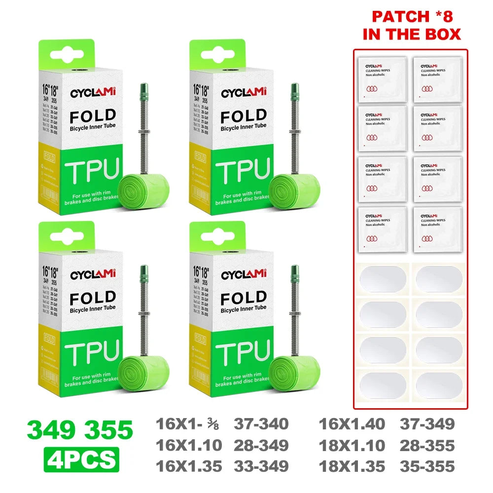 CYCLAMI fold bike TPU inner tube multi-pack showing multiple tubes and patch kits