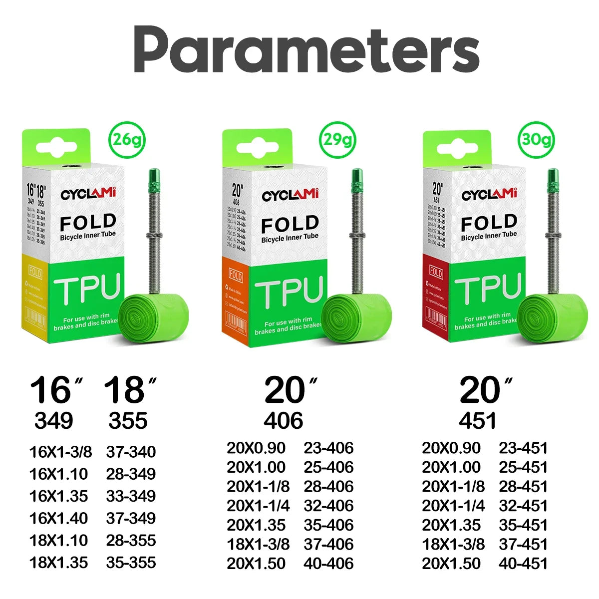 CYCLAMI TPU inner tube size chart 16-20 inch with specifications