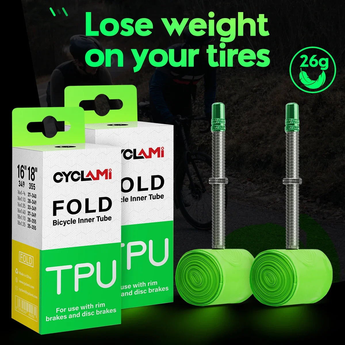 Lightweight green TPU folding bike inner tube for road and touring bikes