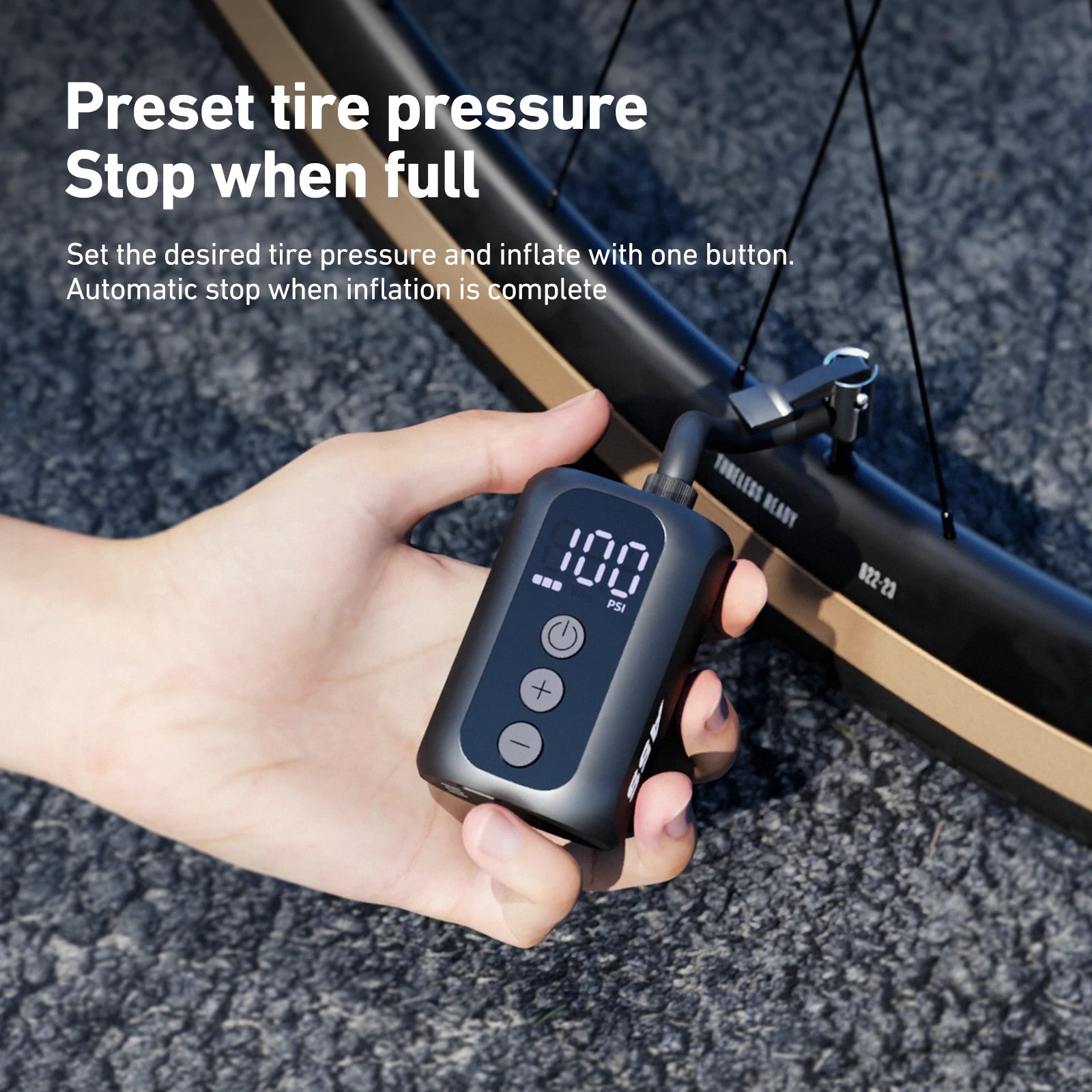 CYCLAMI A5s electric pump showing preset tyre pressure and auto stop feature while inflating