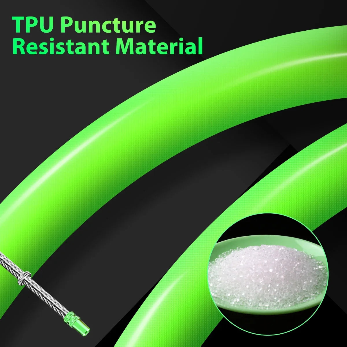 TPU puncture-resistant ultralight bike inner tube close-up with green finish