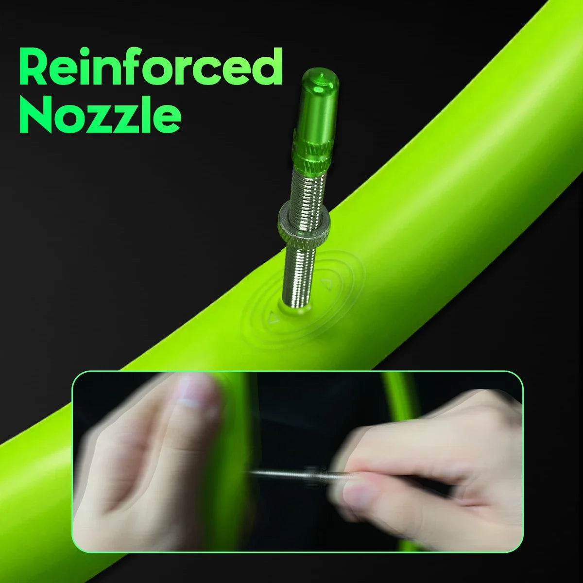 Reinforced French valve detail on CYCLAMI TPU folding bike inner tube