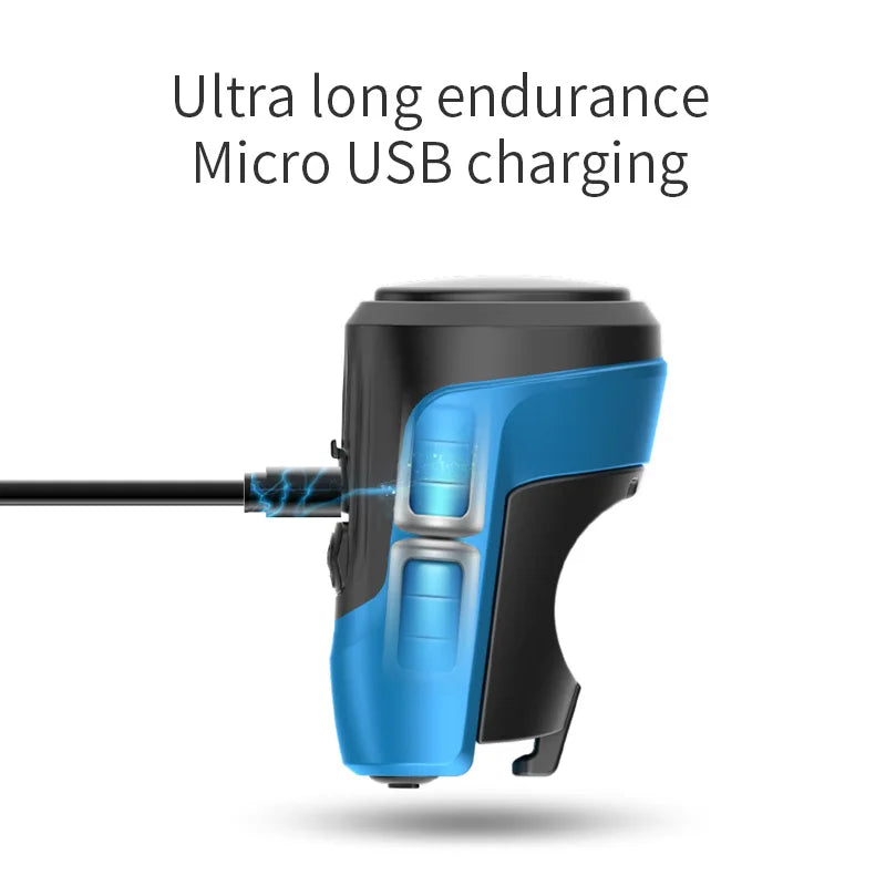 CYCLAMI electric horn showing USB charging cable for long battery life and fast recharge