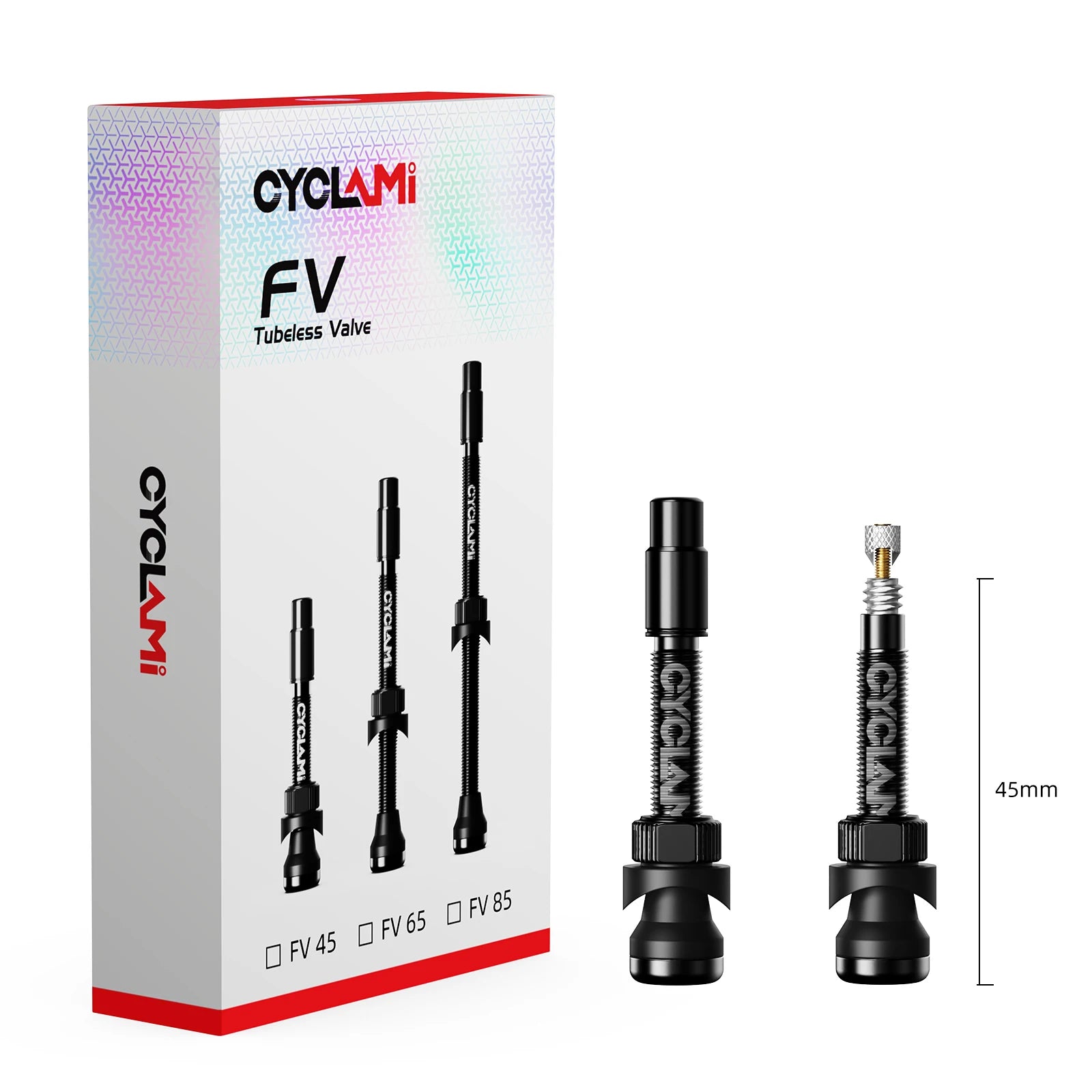CYCLAMI FV 45 mm aluminium tubeless valve with retail box and spare washer shown