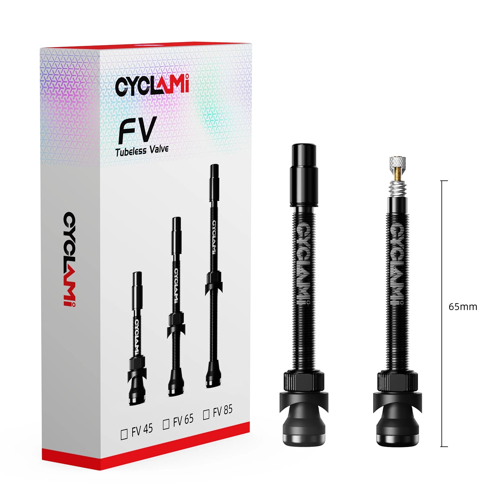 CYCLAMI FV 65 mm aluminium tubeless valve with anodized finish and boxed packaging