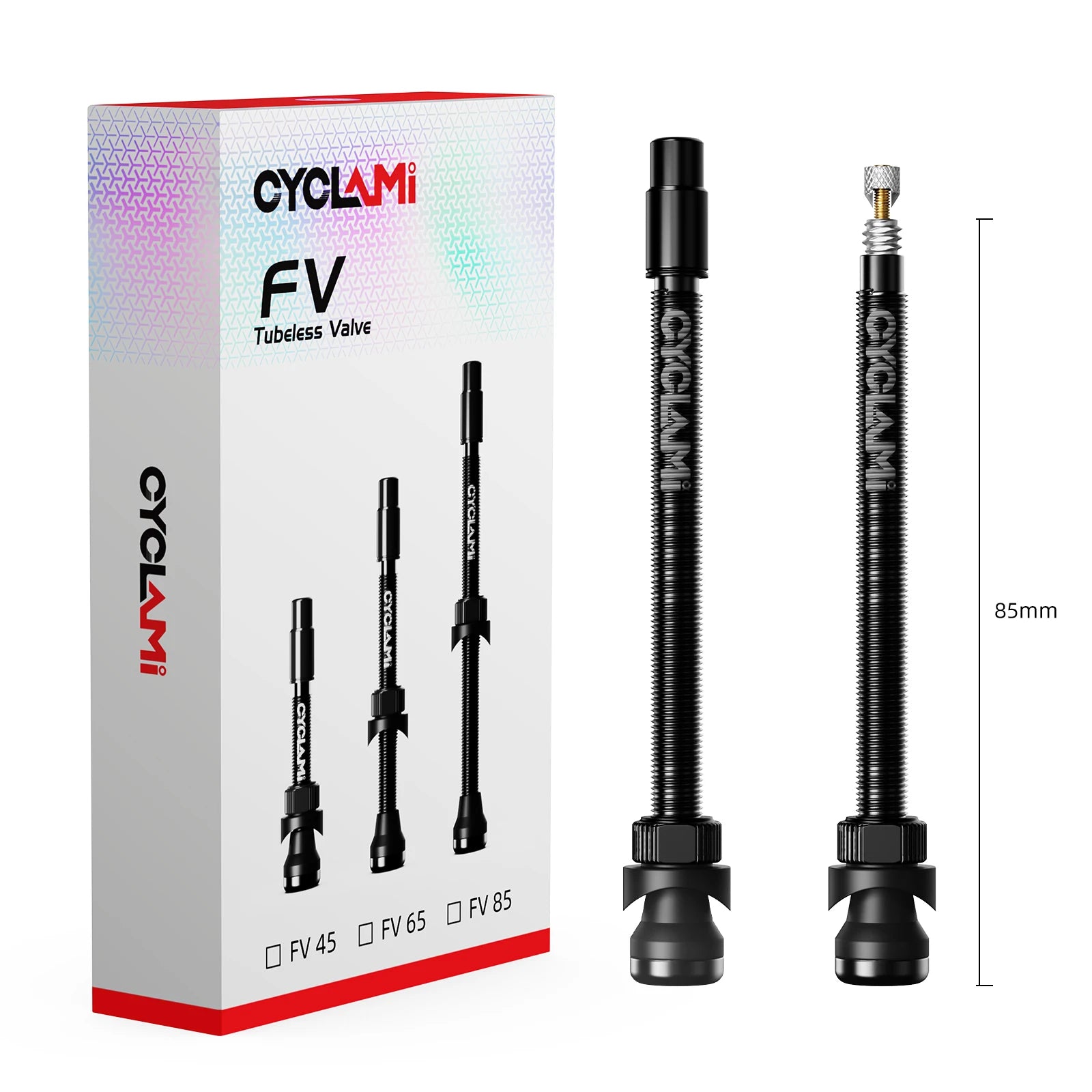 CYCLAMI FV 85 mm aluminium tubeless valve with retail box and spare washer shown