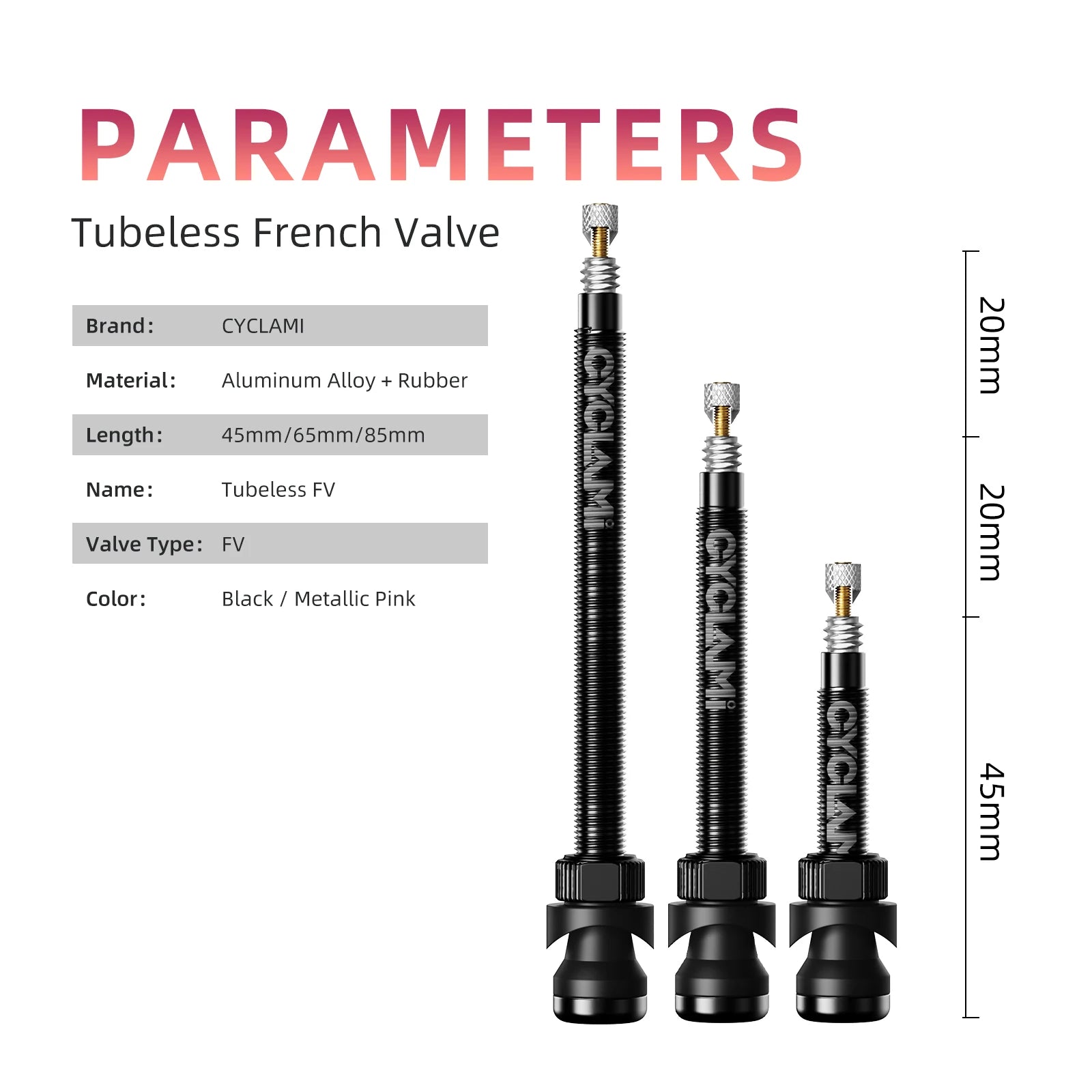CYCLAMI tubeless valve parameters chart with length options and construction details