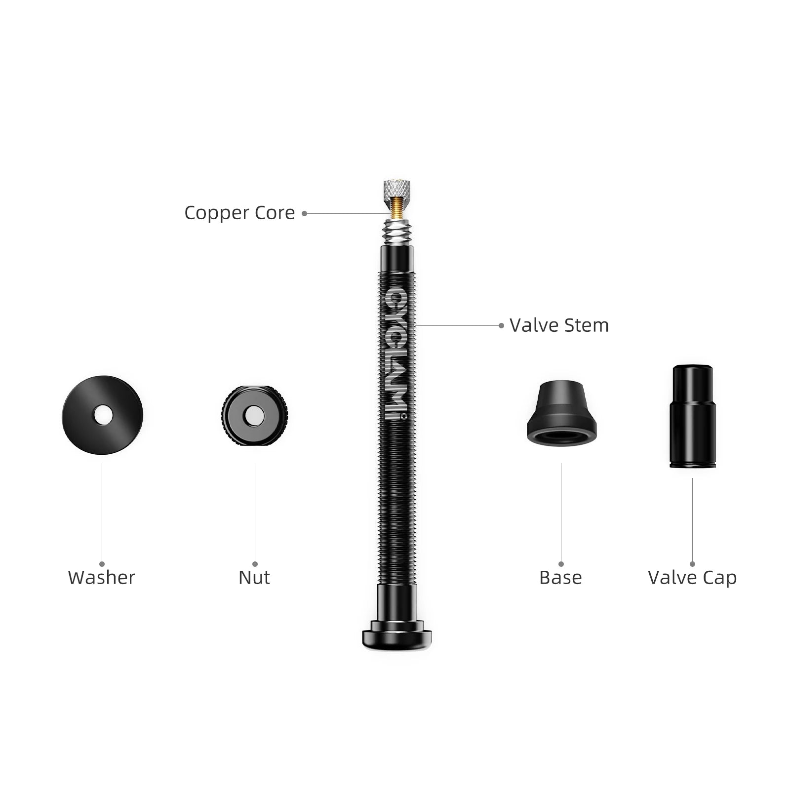 CYCLAMI tubeless French valve parts layout with copper core, base washer, and cap components