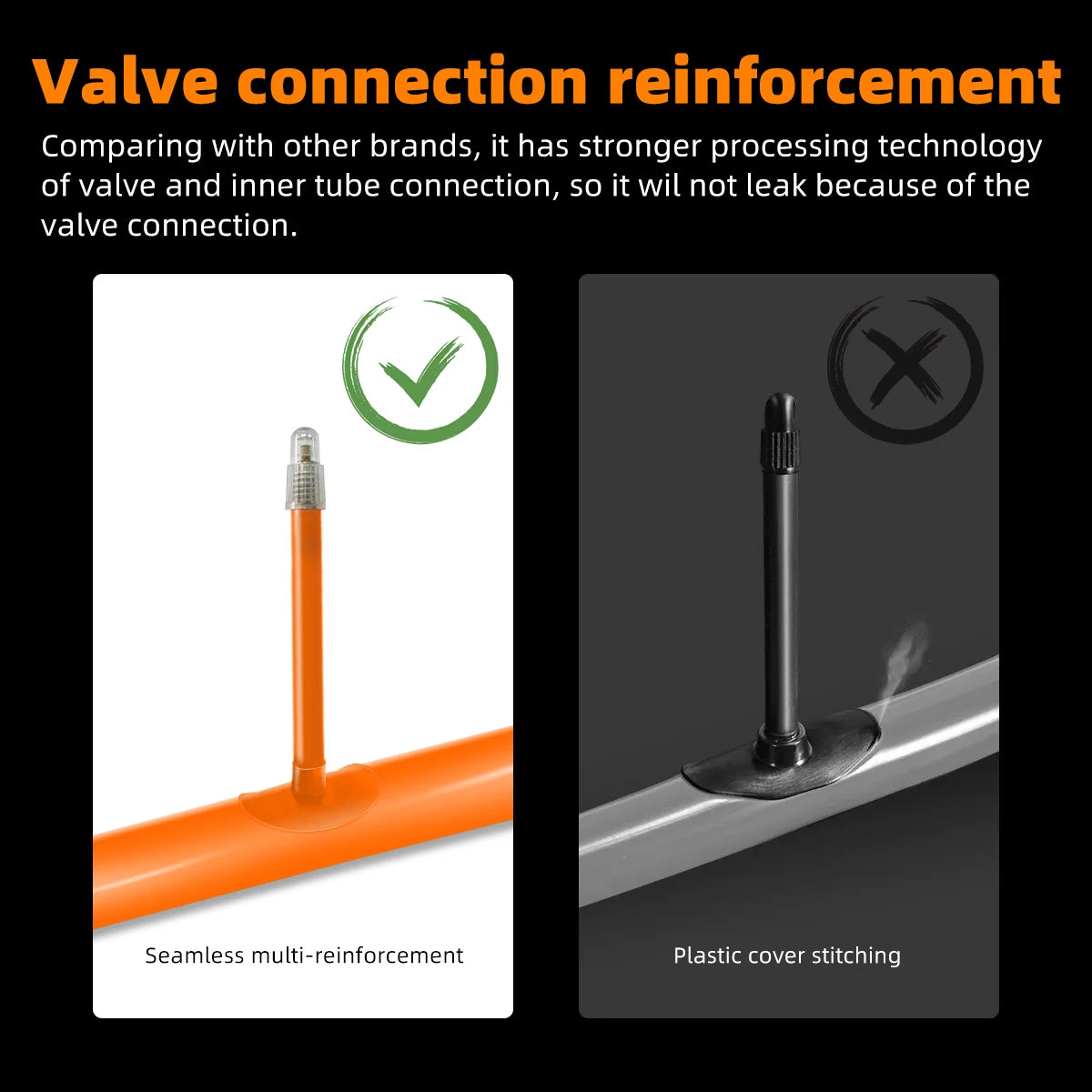 Comparison showing CYCLAMI valve connection reinforcement for extra durability and airtight fit