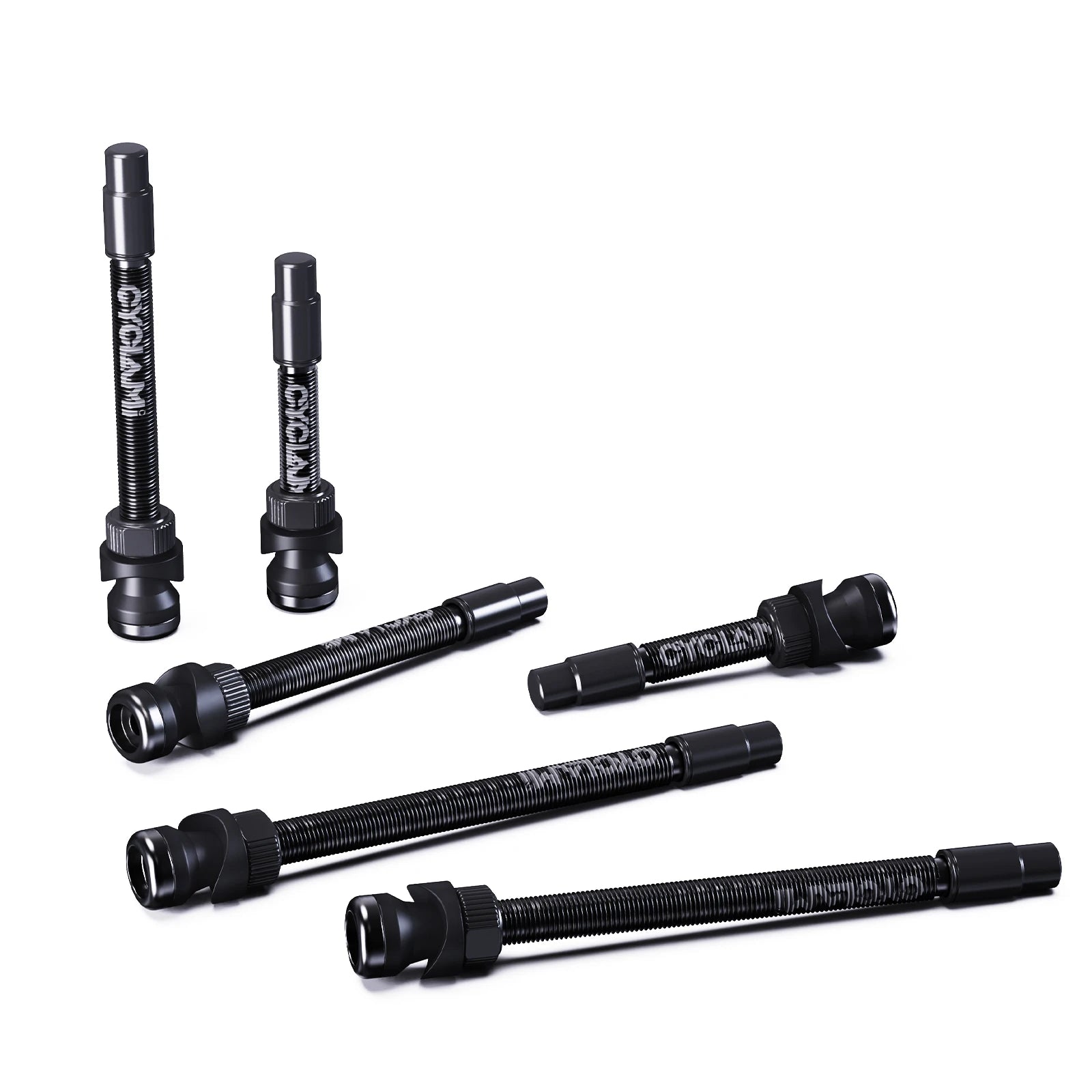 CYCLAMI aluminium tubeless valve set showing 45 65 85 mm lengths with nuts and washers