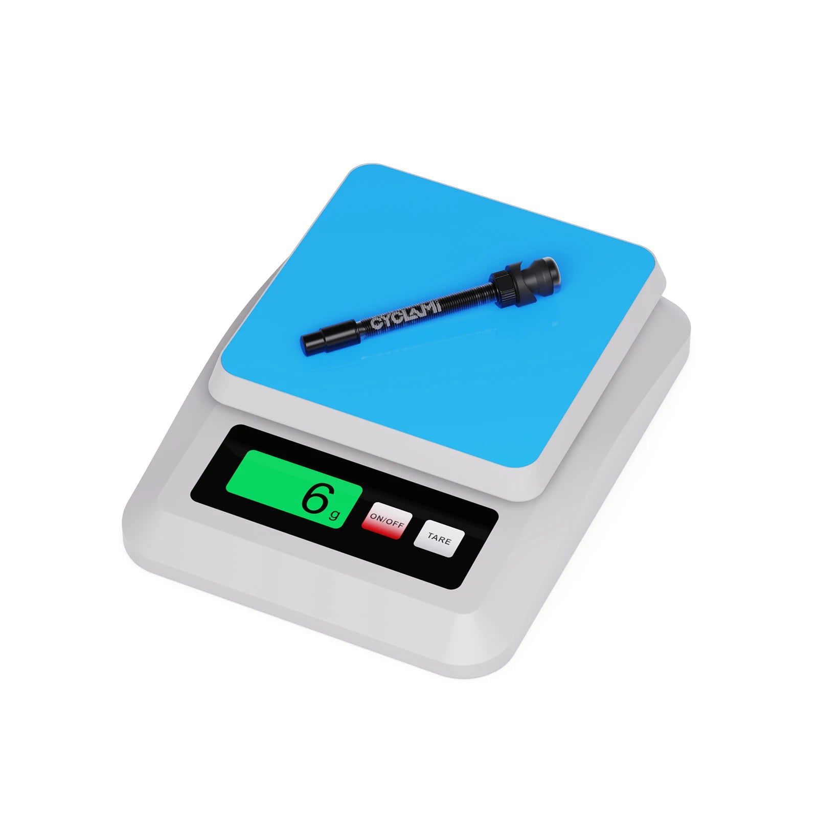 CYCLAMI lightweight tubeless Presta valve on digital scale reading 6 g showing ultralight design