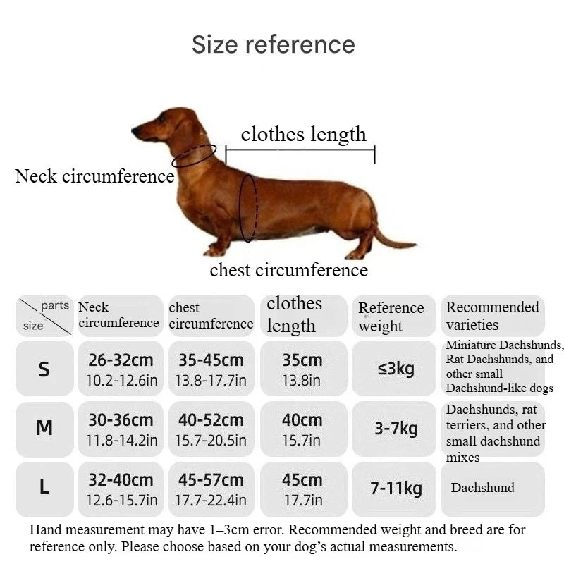 Dachshund coat size chart with body length measurements