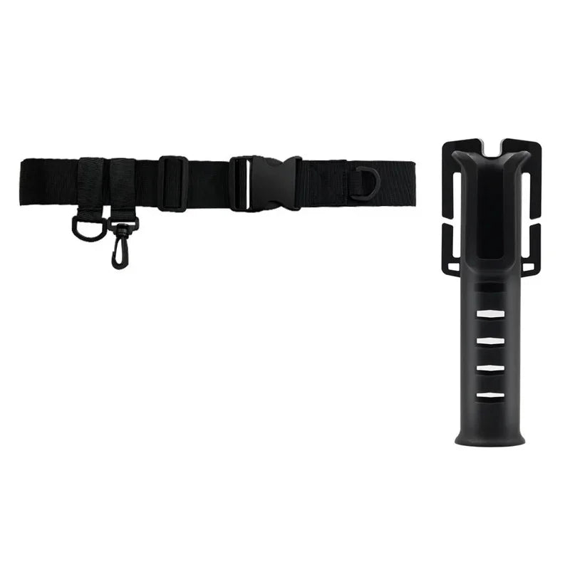 Close-up of detachable rod holder mounted on adjustable nylon fishing wader belt