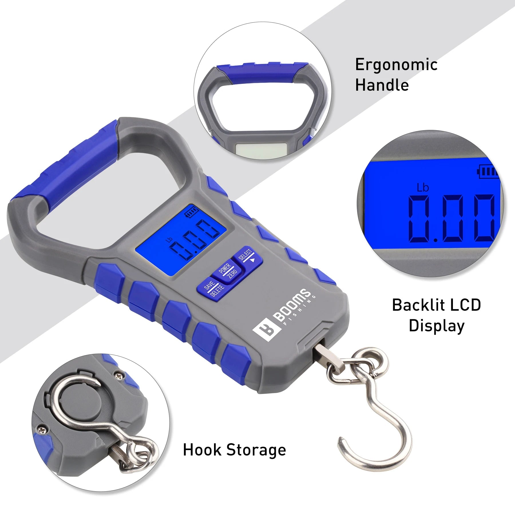 Compact digital fishing scale showing LCD display and hook storage