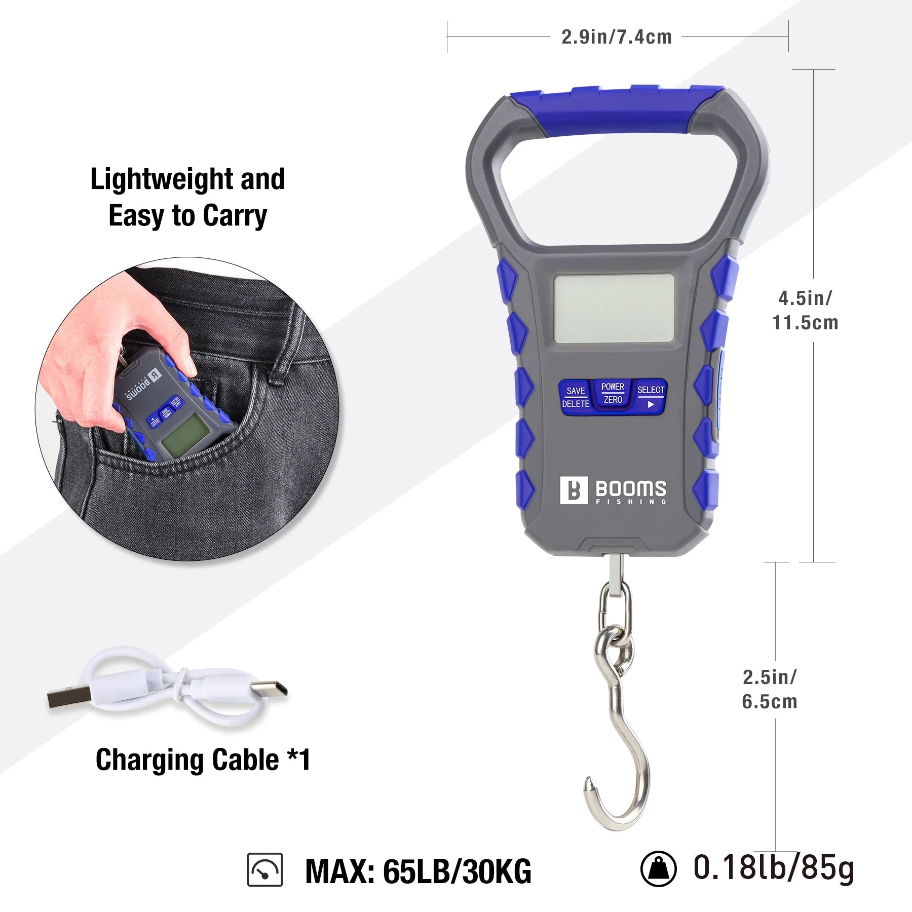 Compact digital fishing scale showing size dimensions and handle grip