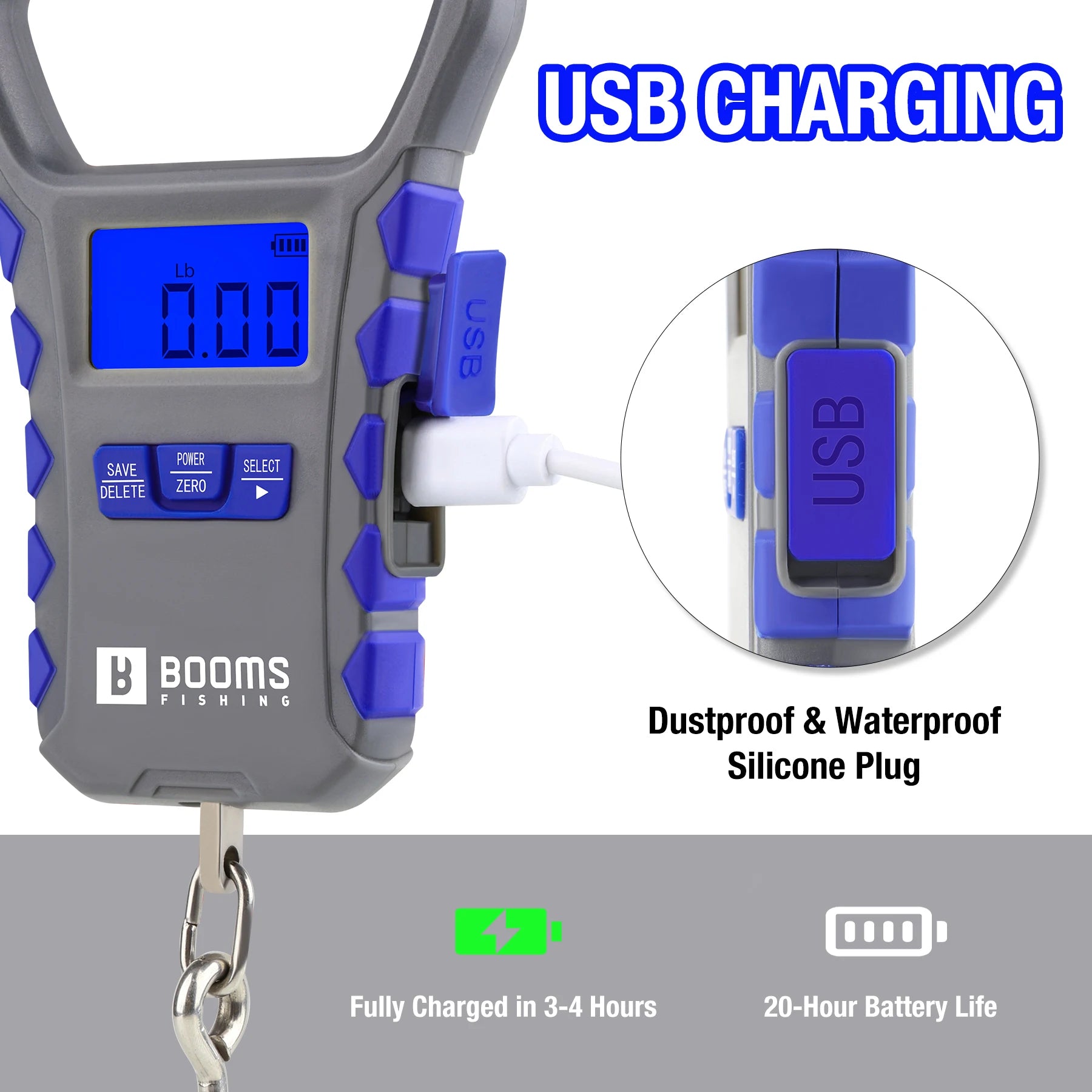 USB rechargeable digital fishing scale showing charging port detail
