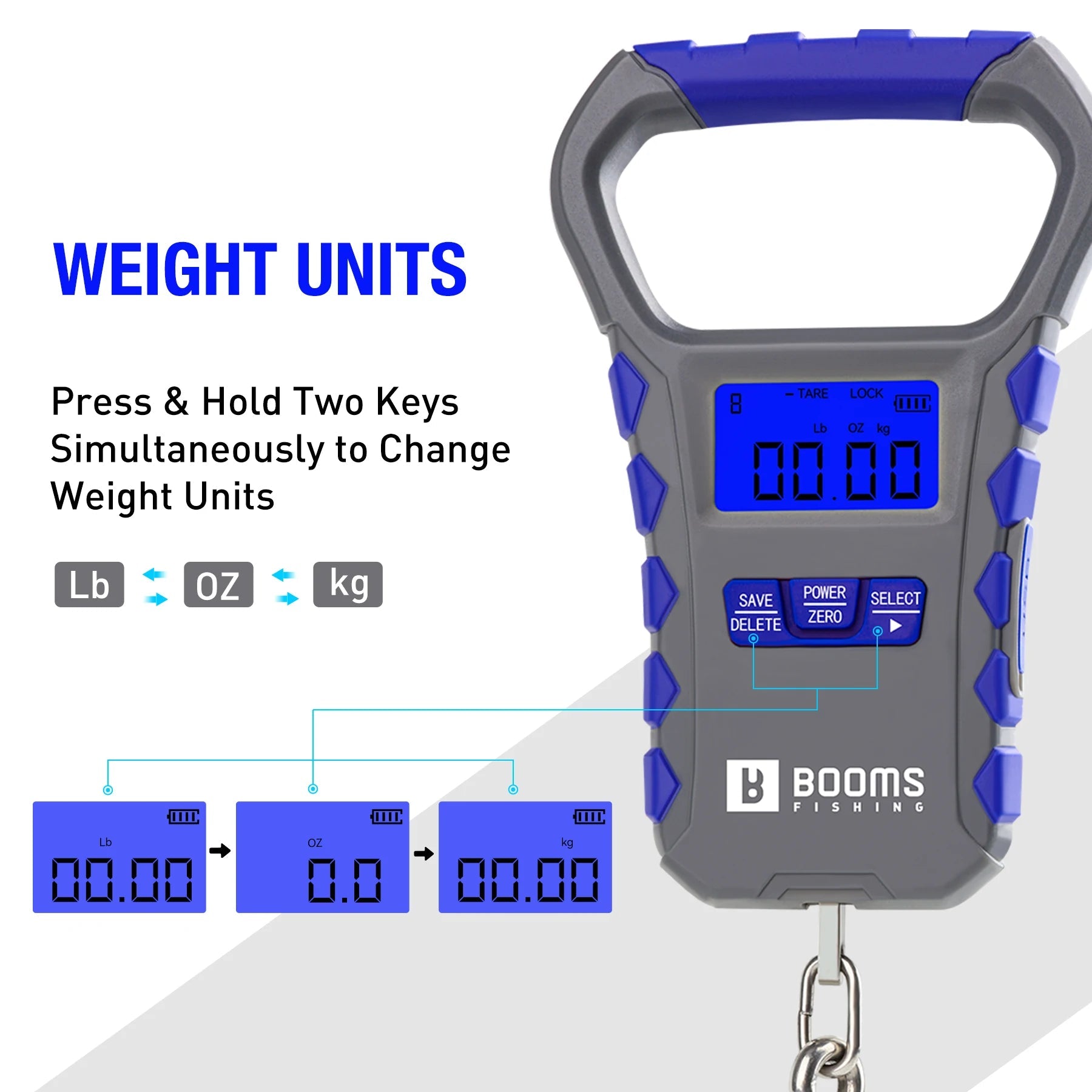 Digital fishing scale LCD showing weight measurement units and display