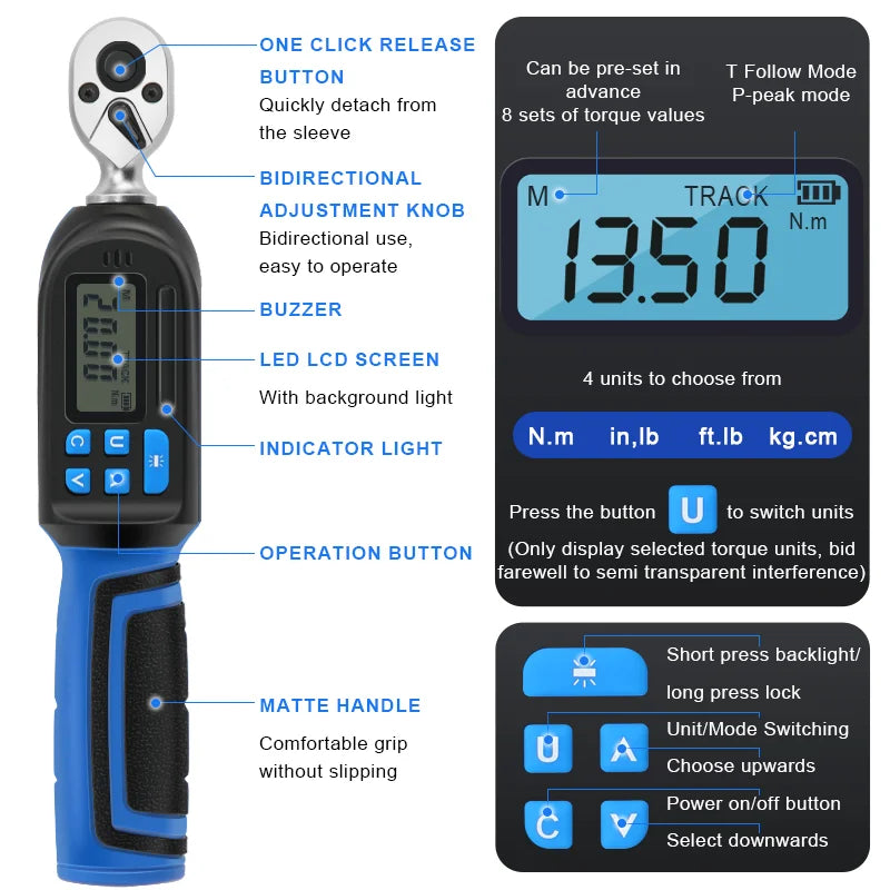 Digital torque wrench display screen showing torque values and modes