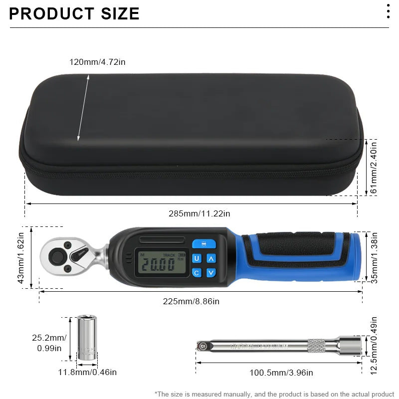 Digital torque wrench kit shown with case and size measurements