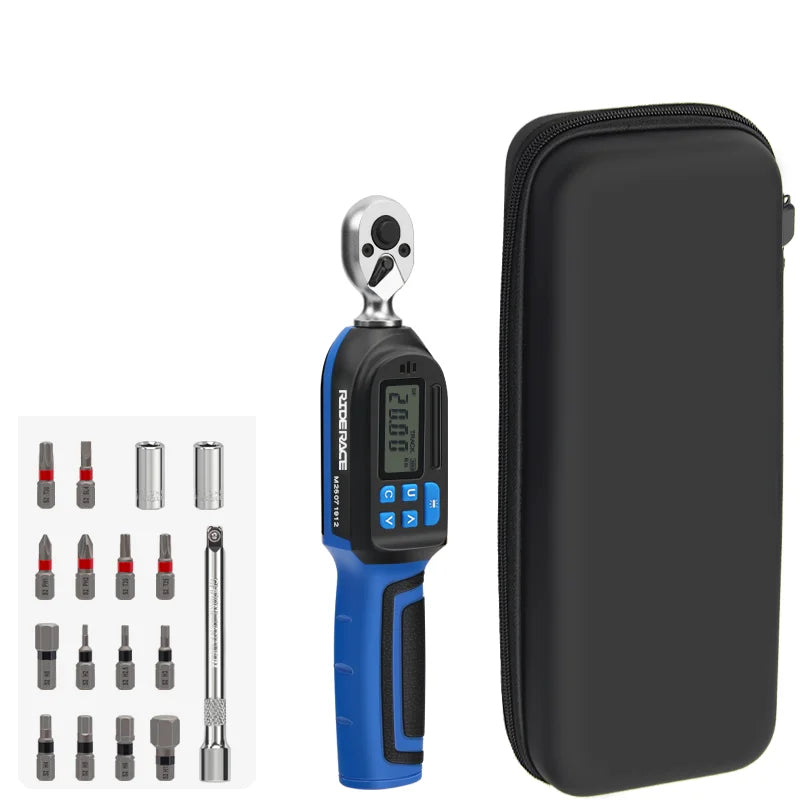 Digital torque wrench standing beside closed storage case