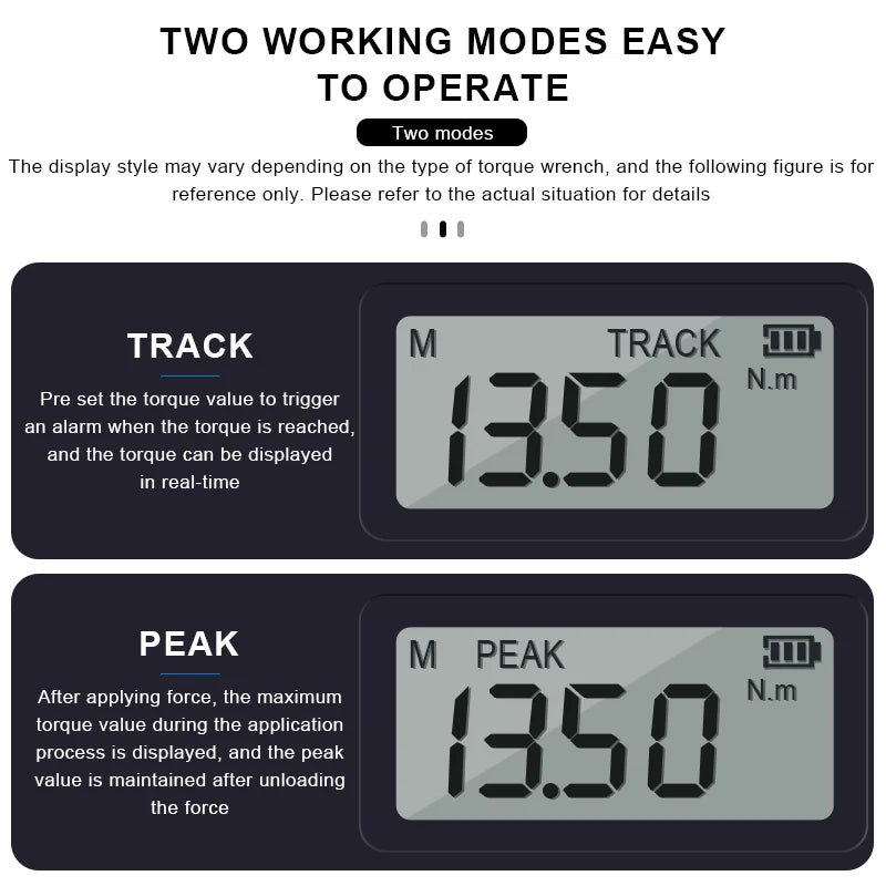 Digital torque wrench screen showing track and peak working modes