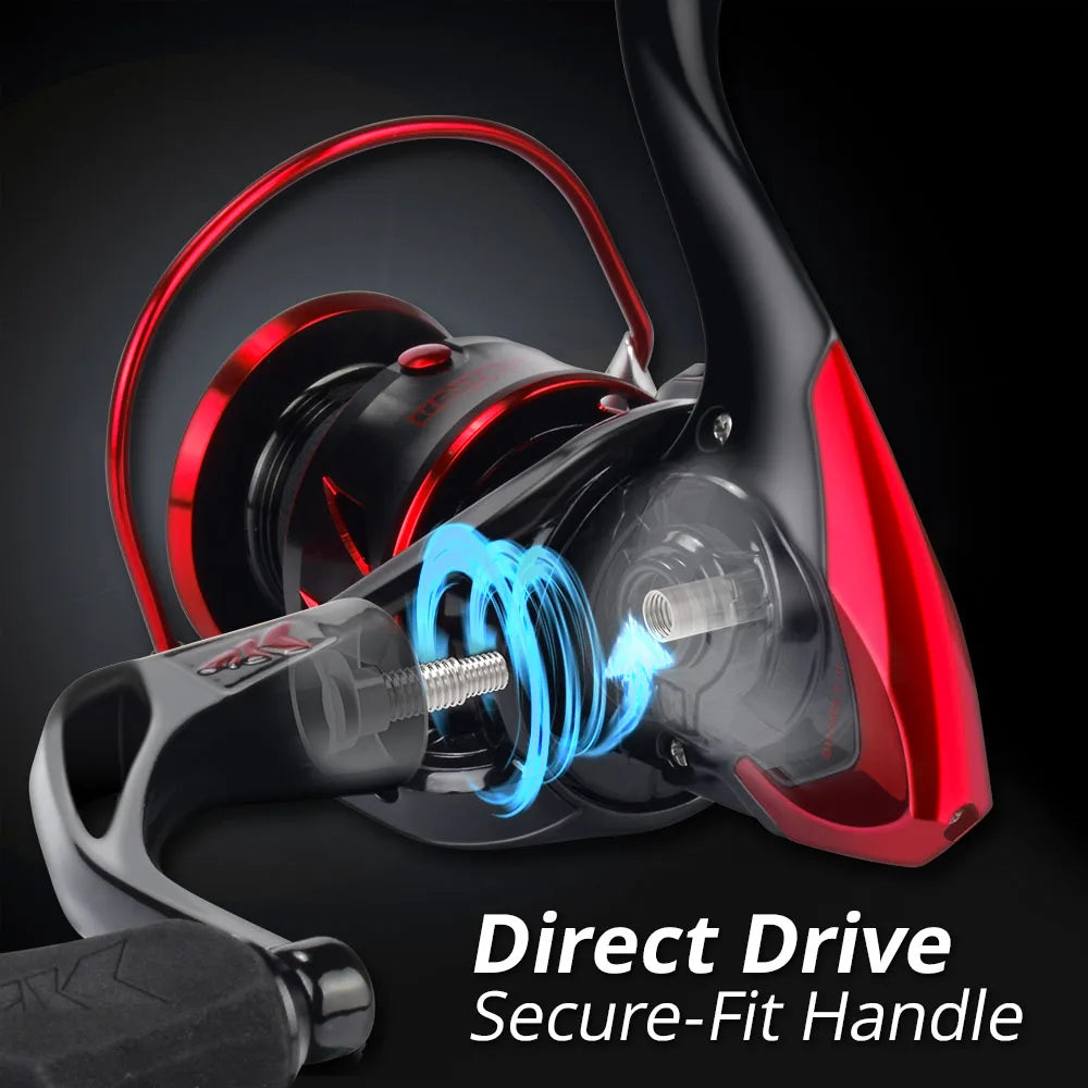 Spinning reel showing direct drive secure-fit handle and high-strength aluminium construction for control and balance